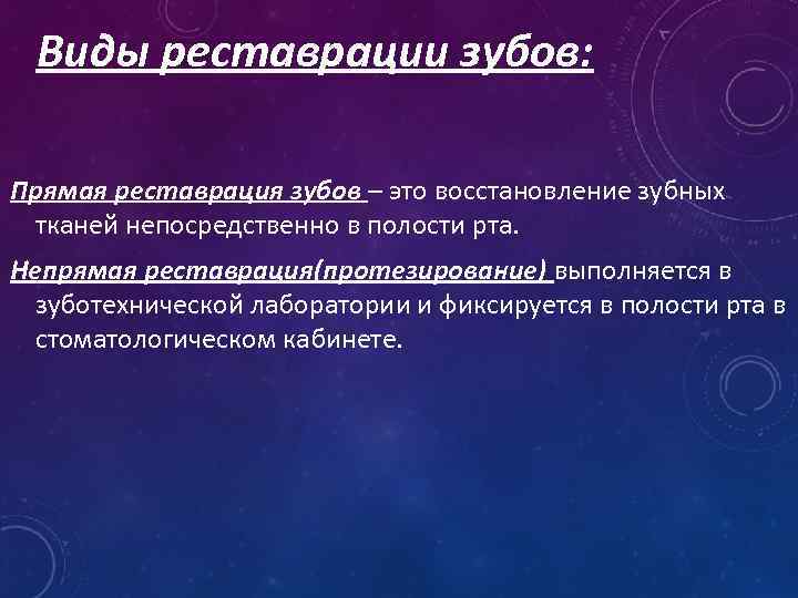 Виды реставрации зубов: Прямая реставрация зубов – это восстановление зубных тканей непосредственно в полости