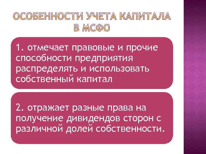 1. отмечает правовые и прочие способности предприятия распределять и использовать собственный капитал 2. отражает