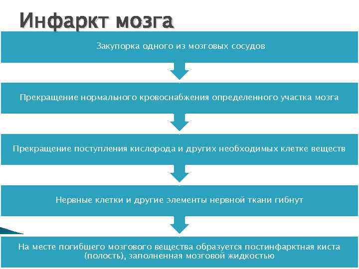 Инфаркт мозга Закупорка одного из мозговых сосудов Прекращение нормального кровоснабжения определенного участка мозга Прекращение