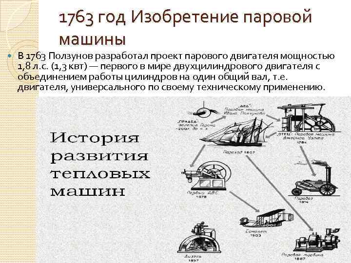 1763 год Изобретение паровой машины В 1763 Ползунов разработал проект парового двигателя мощностью 1,