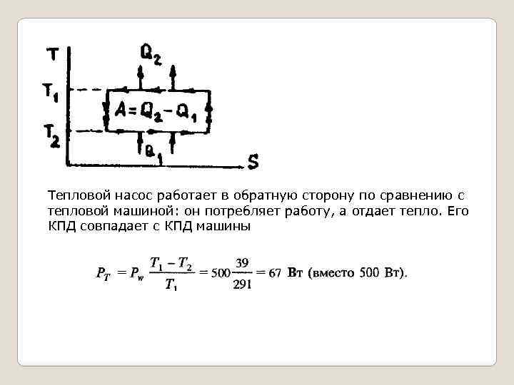 Тепловой насос работает в обратную сторону по сравнению с тепловой машиной: он потребляет работу,