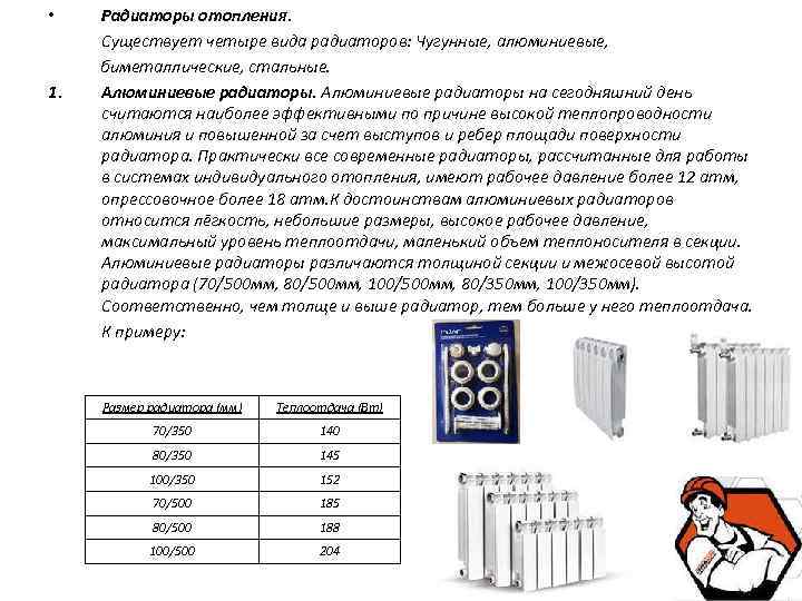  • 1. Радиаторы отопления. Существует четыре вида радиаторов: Чугунные, алюминиевые, биметаллические, стальные. Алюминиевые