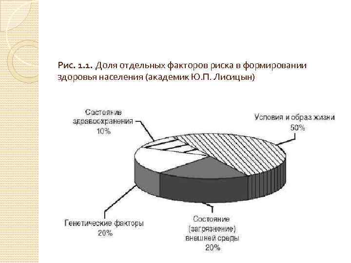 Рис. 1. 1. Доля отдельных факторов риска в формировании здоровья населения (академик Ю. П.