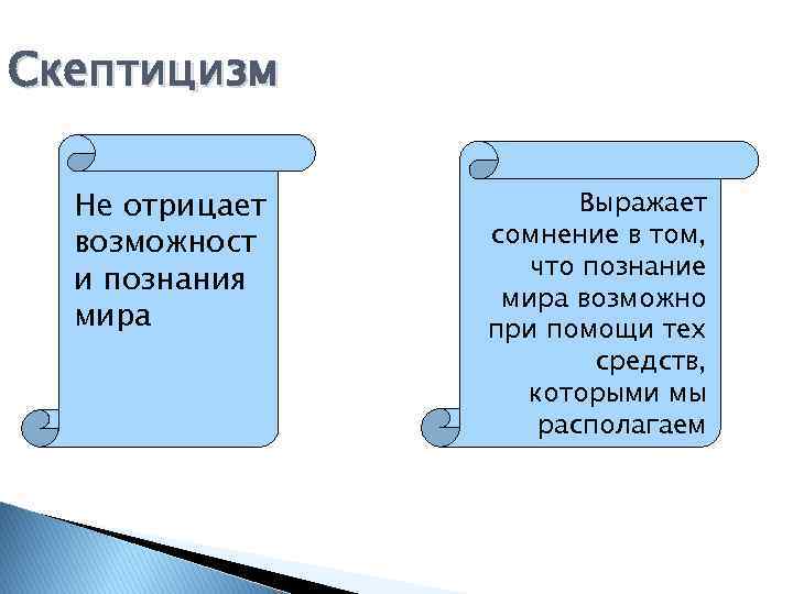 Скептицизм Не отрицает возможност и познания мира Выражает сомнение в том, что познание мира