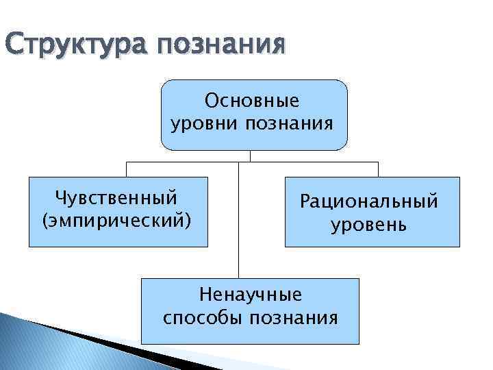 Структура познания Основные уровни познания Чувственный (эмпирический) Рациональный уровень Ненаучные способы познания 