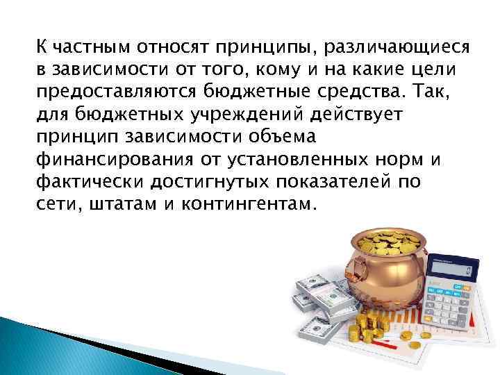 К частным относят принципы, различающиеся в зависимости от того, кому и на какие цели