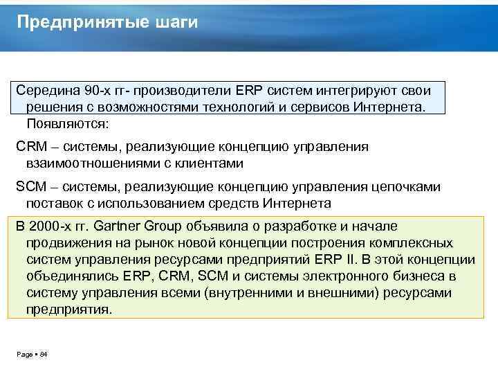 Предпринятые шаги Середина 90 х гг производители ERP систем интегрируют свои решения с возможностями