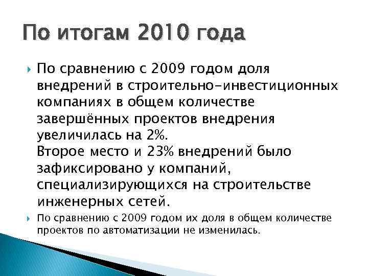 По итогам 2010 года По сравнению с 2009 годом доля внедрений в строительно-инвестиционных компаниях