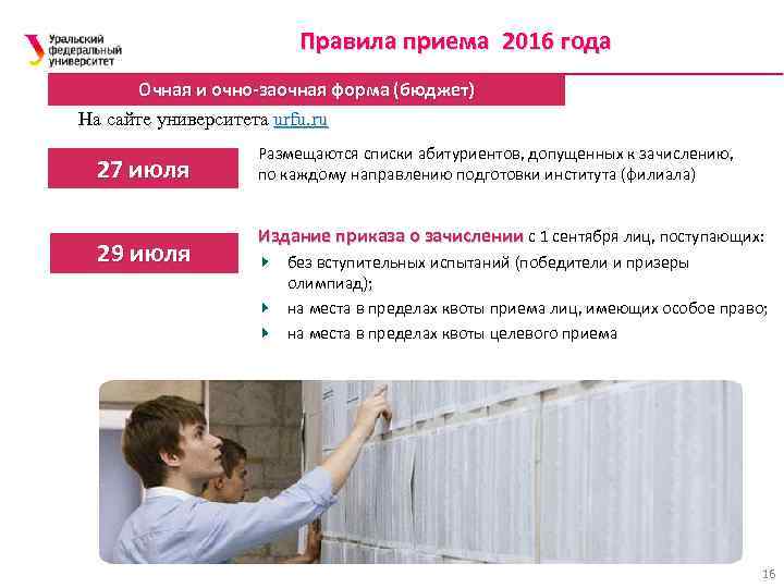 Правила приема 2016 года Очная и очно-заочная форма (бюджет) На сайте университета urfu. ru