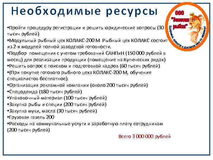 Необходимые ресурсы • Пройти процедуру регистрации и решить юридические вопросы (30 тысяч рублей) •