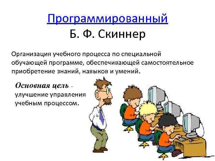 Программированный Б. Ф. Скиннер Организация учебного процесса по специальной обучающей программе, обеспечивающей самостоятельное приобретение