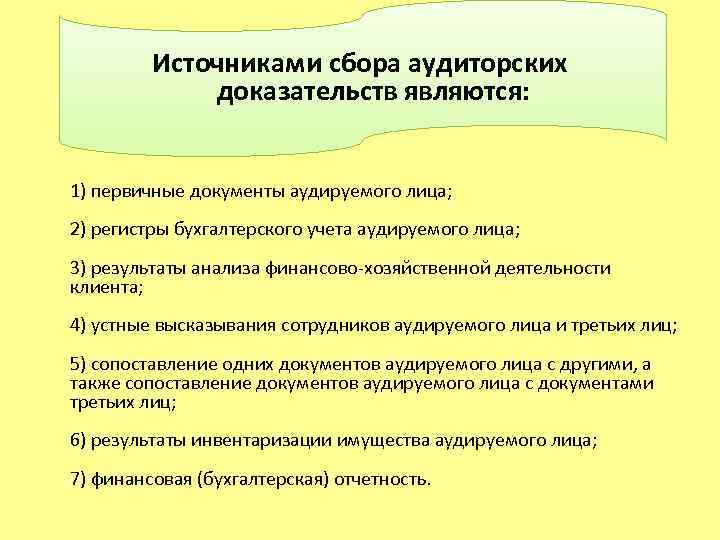 Источниками сбора аудиторских доказательств являются: 1) первичные документы аудируемого лица; 2) регистры бухгалтерского учета