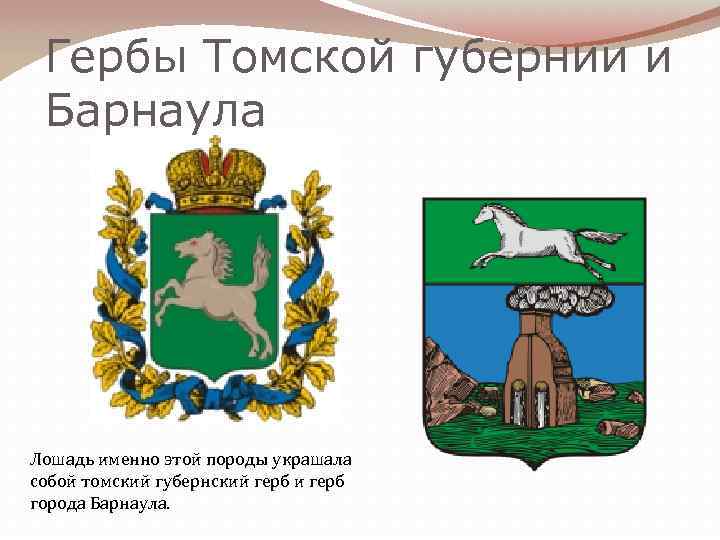 Гербы Томской губернии и Барнаула Лошадь именно этой породы украшала собой томский губернский герб