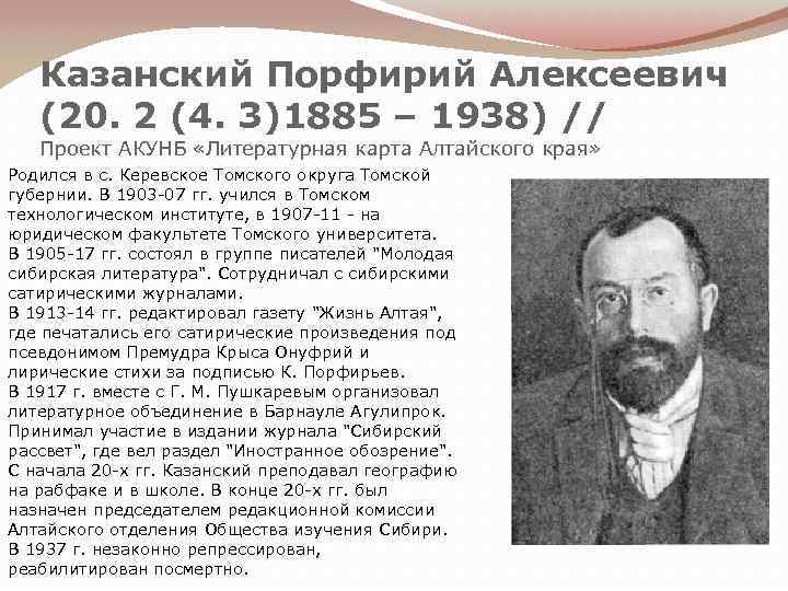 Казанский Порфирий Алексеевич (20. 2 (4. 3)1885 – 1938) // Проект АКУНБ «Литературная карта