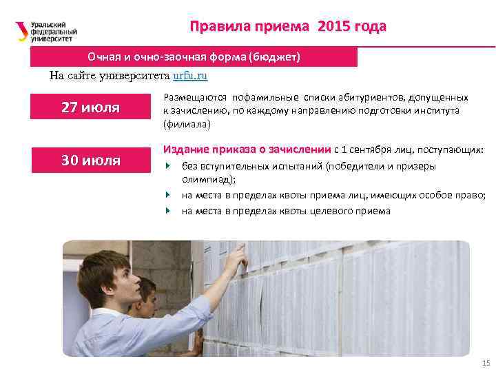 Правила приема 2015 года Очная и очно-заочная форма (бюджет) На сайте университета urfu. ru