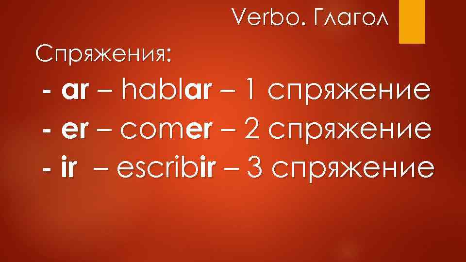 Verbo. Глагол Спряжения: - ar – hablar – 1 спряжение - er – comer