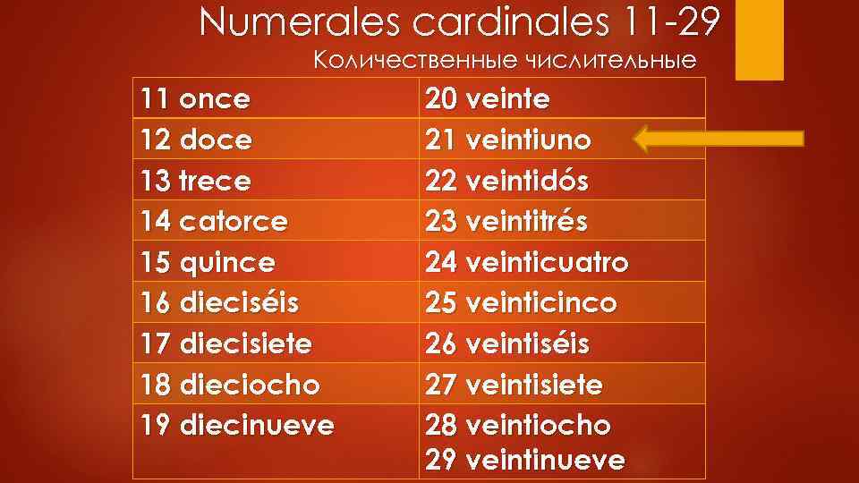 Numerales cardinales 11 -29 Количественные числительные 11 once 12 doce 13 trece 14 catorce