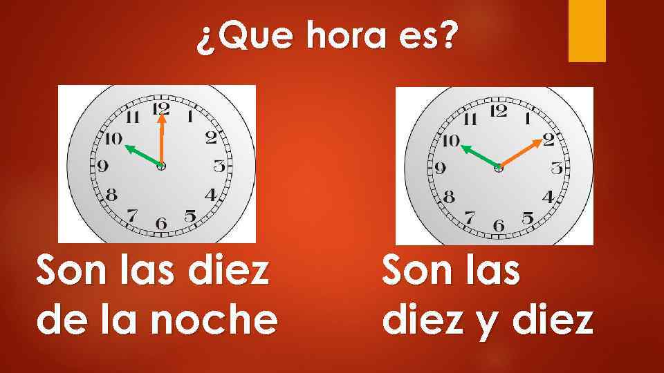 ¿Que hora es? Son las diez de la noche Son las diez y diez