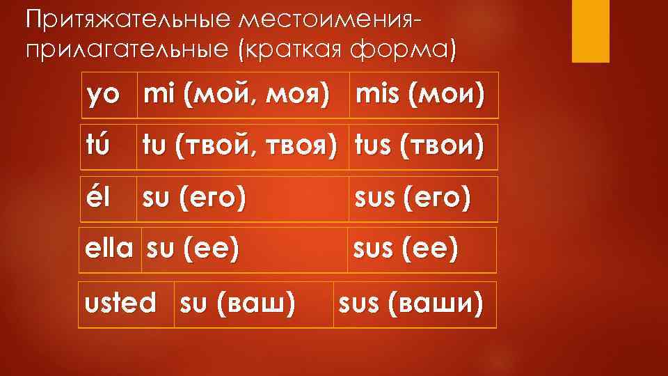 Притяжательные местоименияприлагательные (краткая форма) yo mi (мой, моя) mis (мои) tú tu (твой, твоя)