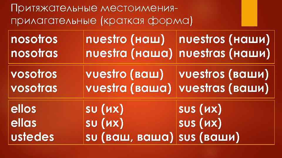 Притяжательные местоименияприлагательные (краткая форма) nosotros nosotras nuestro (наш) nuestra (наша) nuestros (наши) nuestras (наши)