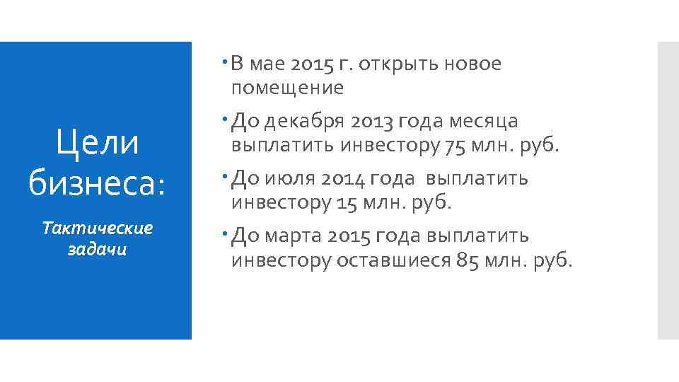 Цели бизнеса: Тактические задачи В мае 2015 г. открыть новое помещение До декабря 2013