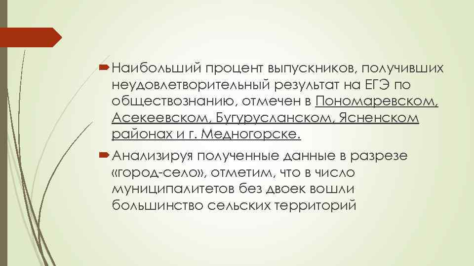  Наибольший процент выпускников, получивших неудовлетворительный результат на ЕГЭ по обществознанию, отмечен в Пономаревском,
