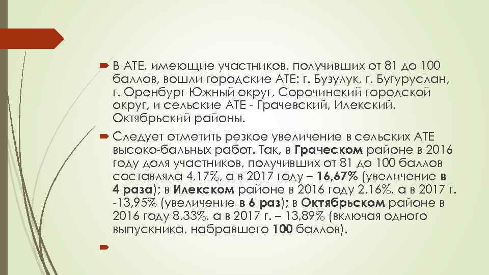  В АТЕ, имеющие участников, получивших от 81 до 100 баллов, вошли городские АТЕ: