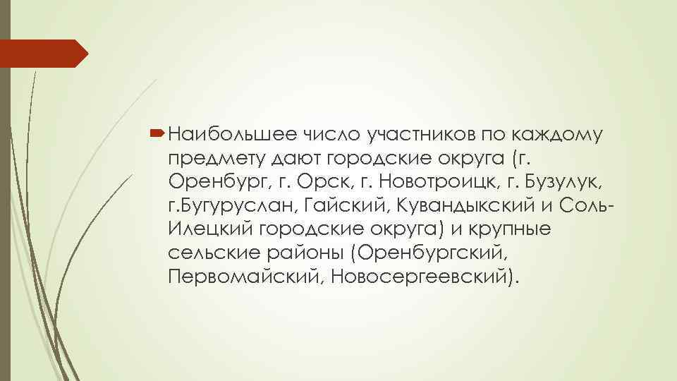  Наибольшее число участников по каждому предмету дают городские округа (г. Оренбург, г. Орск,