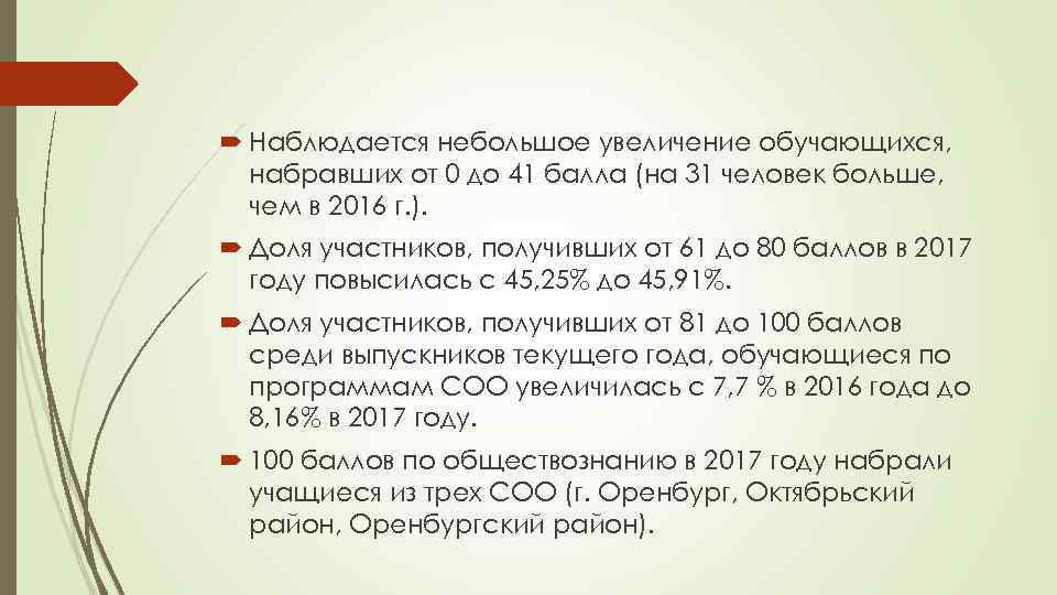  Наблюдается небольшое увеличение обучающихся, набравших от 0 до 41 балла (на 31 человек