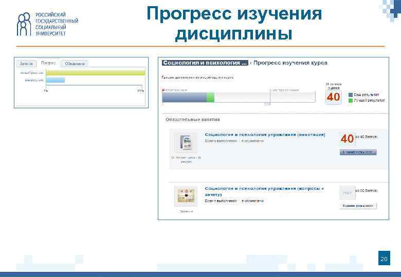 Прогресс изучения дисциплины 20 