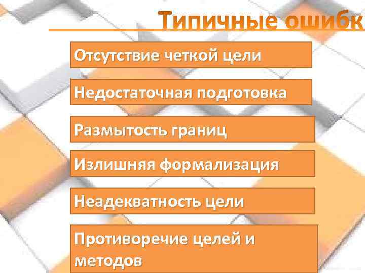 Отсутствие четкой цели Недостаточная подготовка Размытость границ Излишняя формализация Неадекватность цели Противоречие целей и