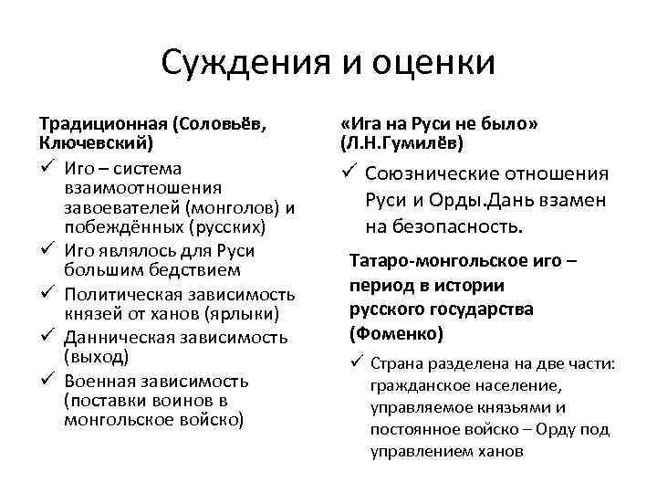 Суждения и оценки Традиционная (Соловьёв, Ключевский) ü Иго – система взаимоотношения завоевателей (монголов) и