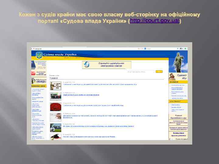 Кожен з судів країни має свою власну веб-сторінку на офіційному http: //court. gov. ua/