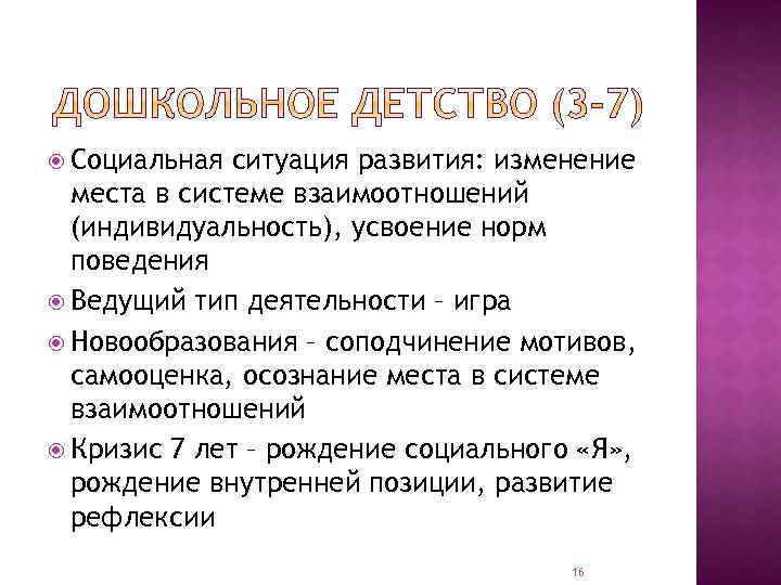  Социальная ситуация развития: изменение места в системе взаимоотношений (индивидуальность), усвоение норм поведения Ведущий