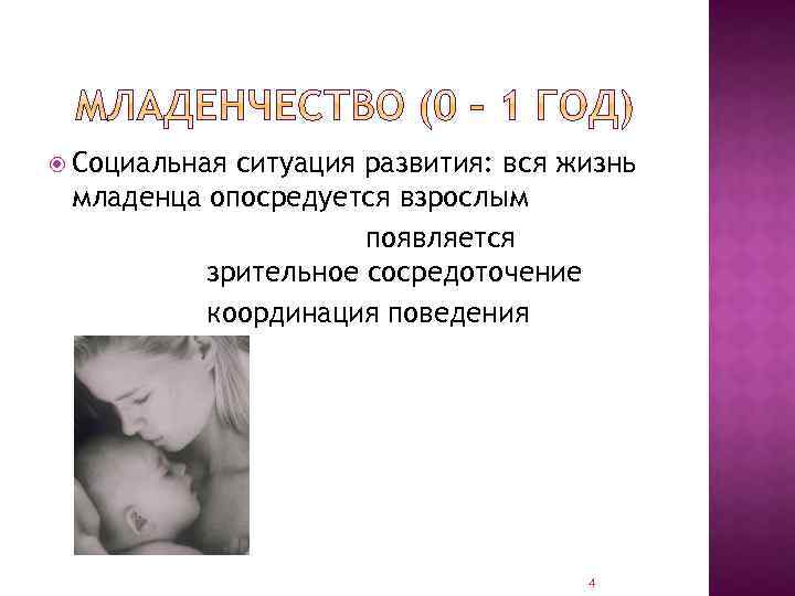  Социальная ситуация развития: вся жизнь младенца опосредуется взрослым появляется зрительное сосредоточение координация поведения