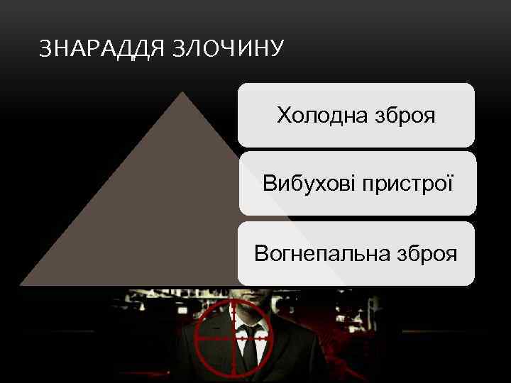 ЗНАРАДДЯ ЗЛОЧИНУ Холодна зброя Вибухові пристрої Вогнепальна зброя 