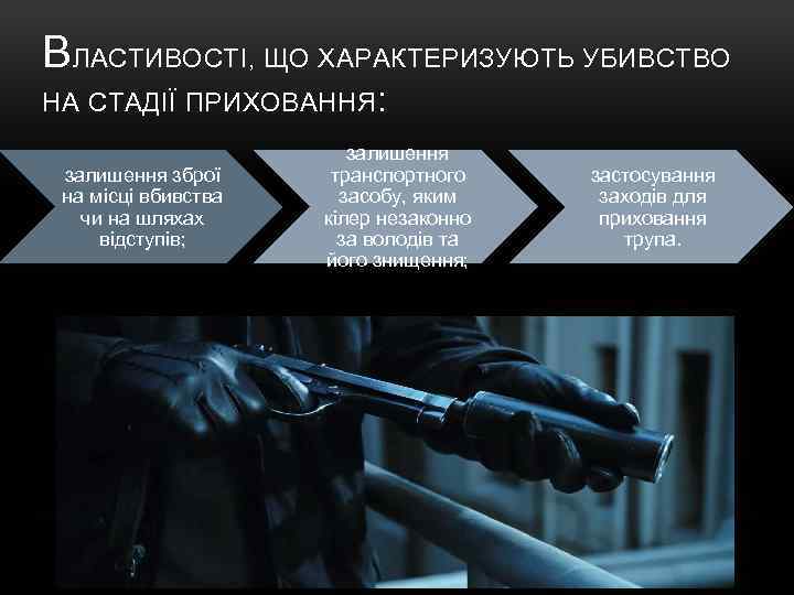 ВЛАСТИВОСТІ, ЩО ХАРАКТЕРИЗУЮТЬ УБИВСТВО НА СТАДІЇ ПРИХОВАННЯ: залишення зброї на місці вбивства чи на