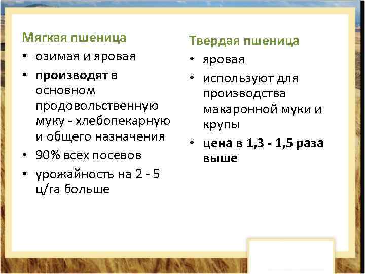 Мягкая пшеница • озимая и яровая • производят в основном продовольственную муку - хлебопекарную