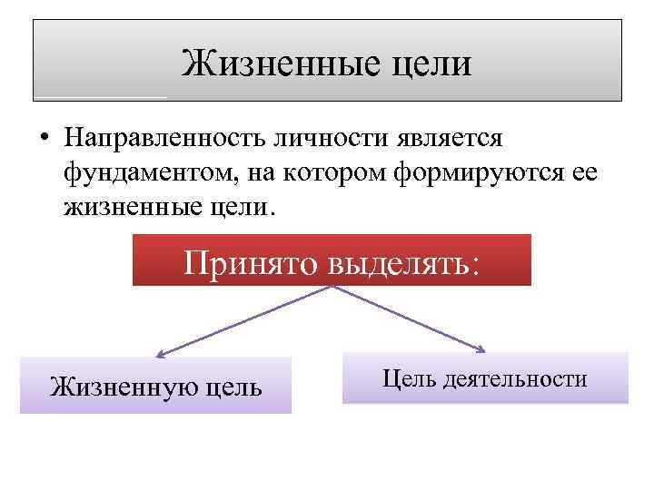 Жизненные цели • Направленность личности является фундаментом, на котором формируются ее жизненные цели. Принято