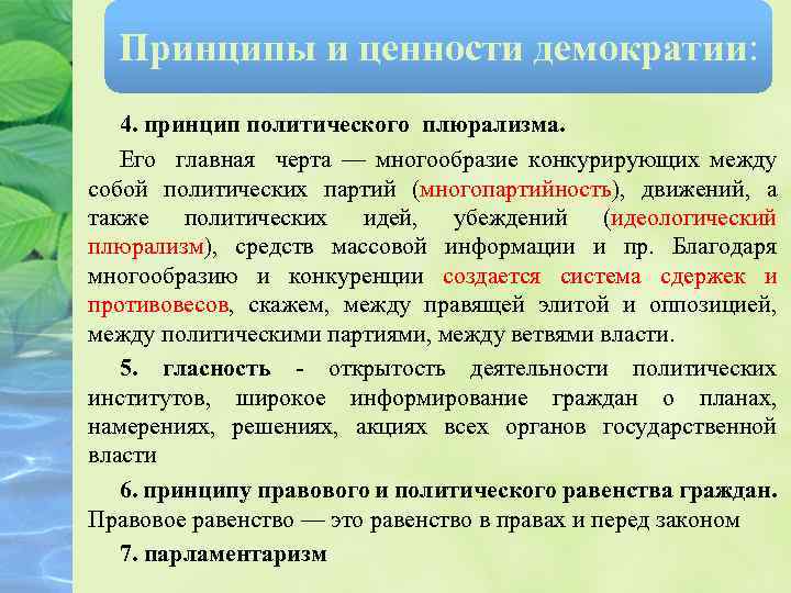 Принципы и ценности демократии: 4. принцип политического плюрализма. Его главная черта — многообразие конкурирующих