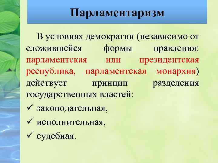 Парламентаризм В условиях демократии (независимо от сложившейся формы правления: парламентская или президентская республика, парламентская