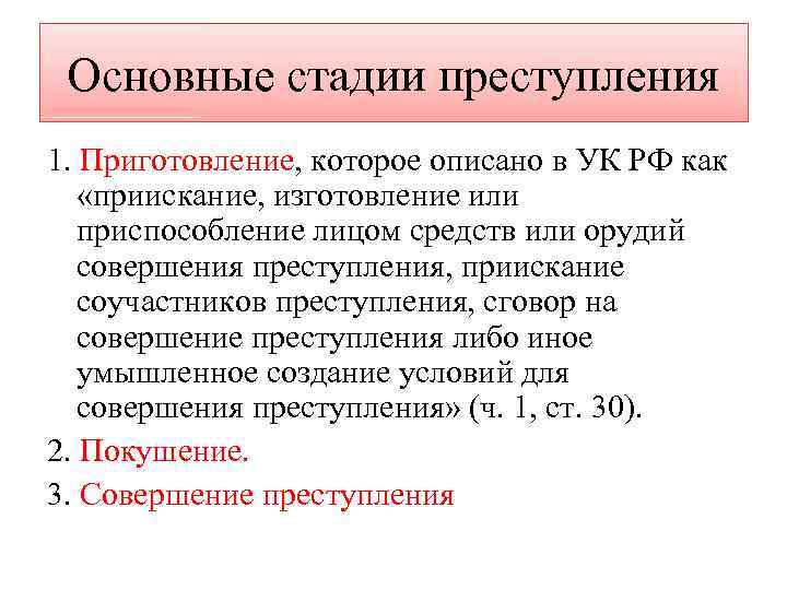 Основные стадии преступления 1. Приготовление, которое описано в УК РФ как «приискание, изготовление или
