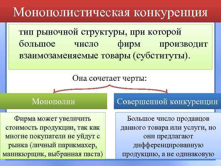 Монополистическая конкуренция тип рыночной структуры, при которой большое число фирм производит взаимозаменяемые товары (субституты).