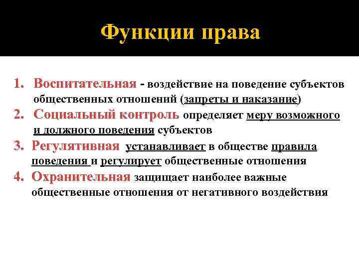 Функции права 1. Воспитательная - воздействие на поведение субъектов 2. 3. 4. общественных отношений