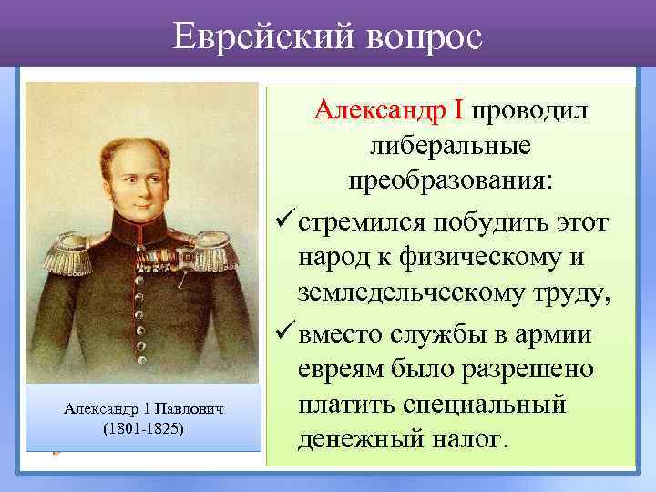 Еврейский вопрос Александр 1 Павлович (1801 -1825) Александр I проводил Александр I либеральные преобразования: