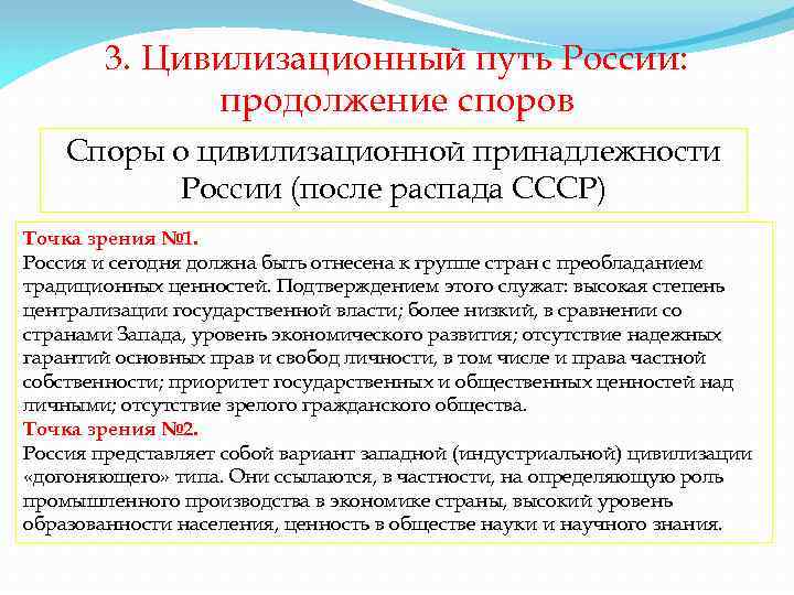 3. Цивилизационный путь России: продолжение споров Споры о цивилизационной принадлежности России (после распада СССР)