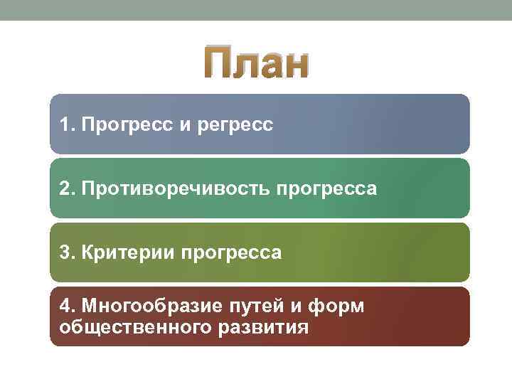 План 1. Прогресс и регресс 2. Противоречивость прогресса 3. Критерии прогресса 4. Многообразие путей