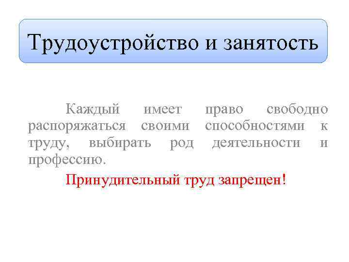 Трудоустройство и занятость Каждый имеет право свободно распоряжаться своими способностями к труду, выбирать род