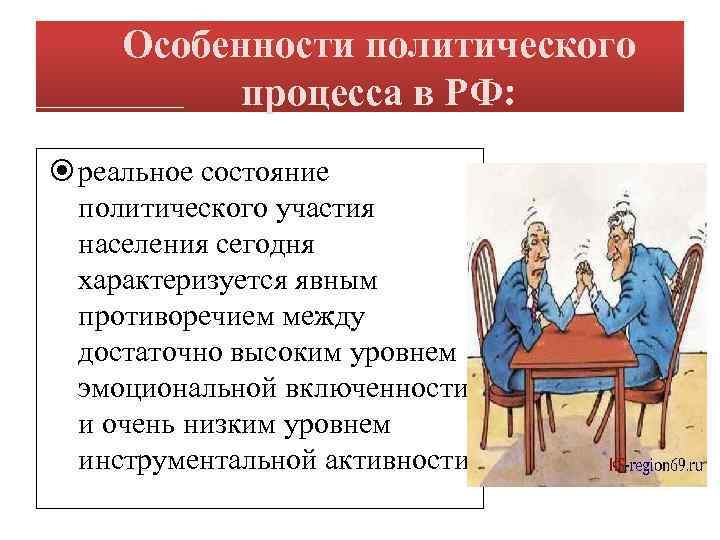 Особенности политического процесса в РФ: реальное состояние политического участия населения сегодня характеризуется явным противоречием