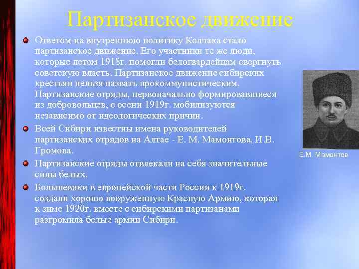 Партизанское движение Ответом на внутреннюю политику Колчака стало партизанское движение. Его участники те же